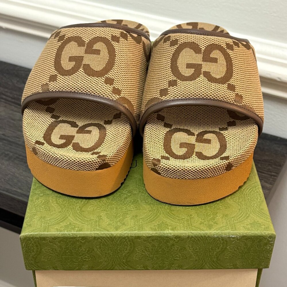 Gucci Monogram Jumbo GG Canvas/Nappa Slide Sandals